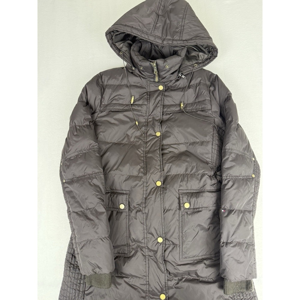 Black Tommy Hilfiger Long Down Coat double zipper‎ hooded puffer -S